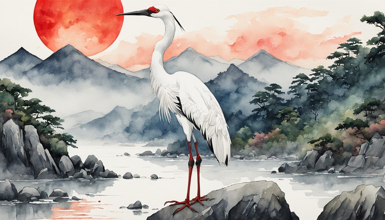 Serene Japanese Landscape with White Crane and Vibrant Sun