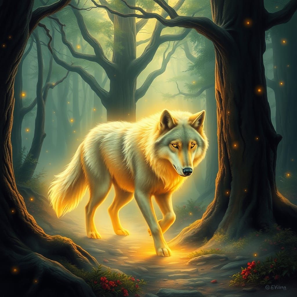 Ethereal Wolf Roams Mystical Forest