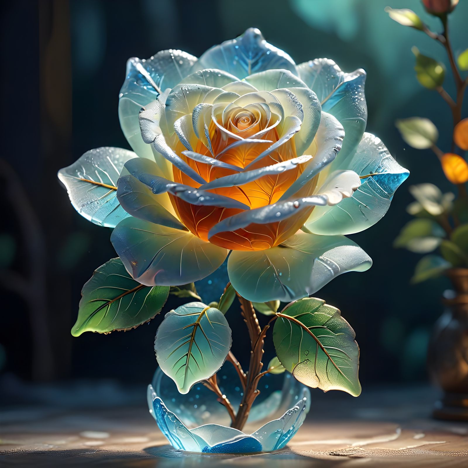 Sea Glass Rose Glowing Backlit in Warm Hues