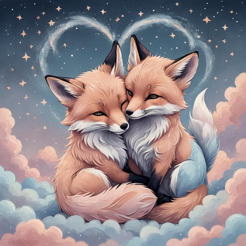 Pastel Foxes Cuddling in Dreamy Scene