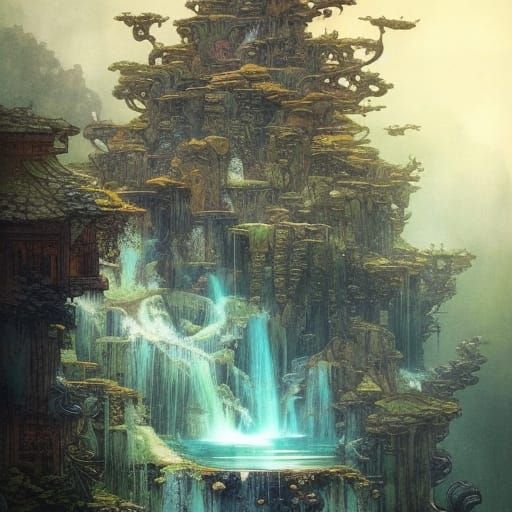 water fountain with tree house