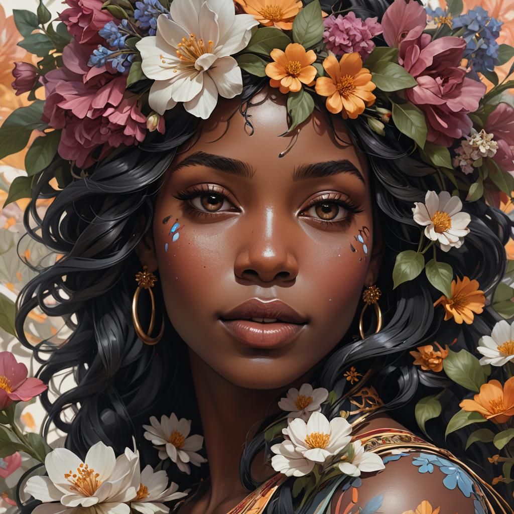 Beautiful Black Woman with Flowers: Hyperdetailed Portrait