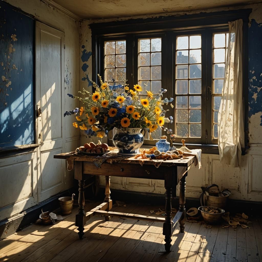 Golden Flowers in Delft Blue, Hyperrealist Painting