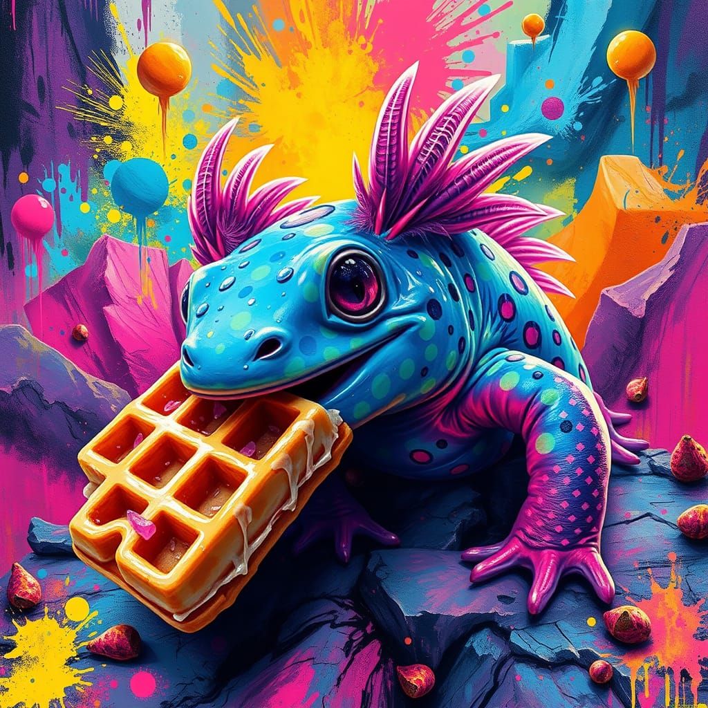 Vibrant Axolotl Devours Waffle in Neon Dreamscape