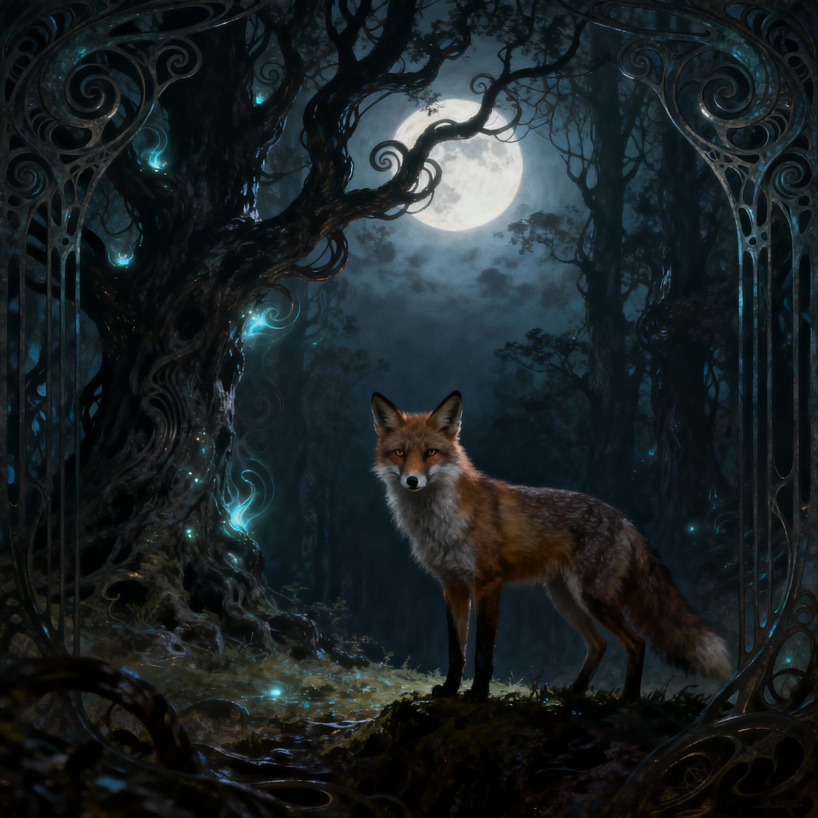 Elegant Fox in Moonlit Art Nouveau Forest