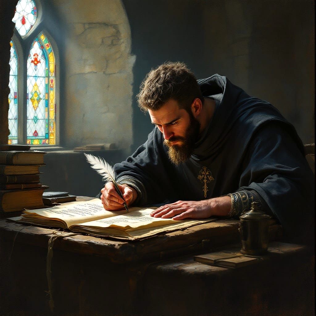 A Monk's Devout Labor in Soft Focus Oil Painting