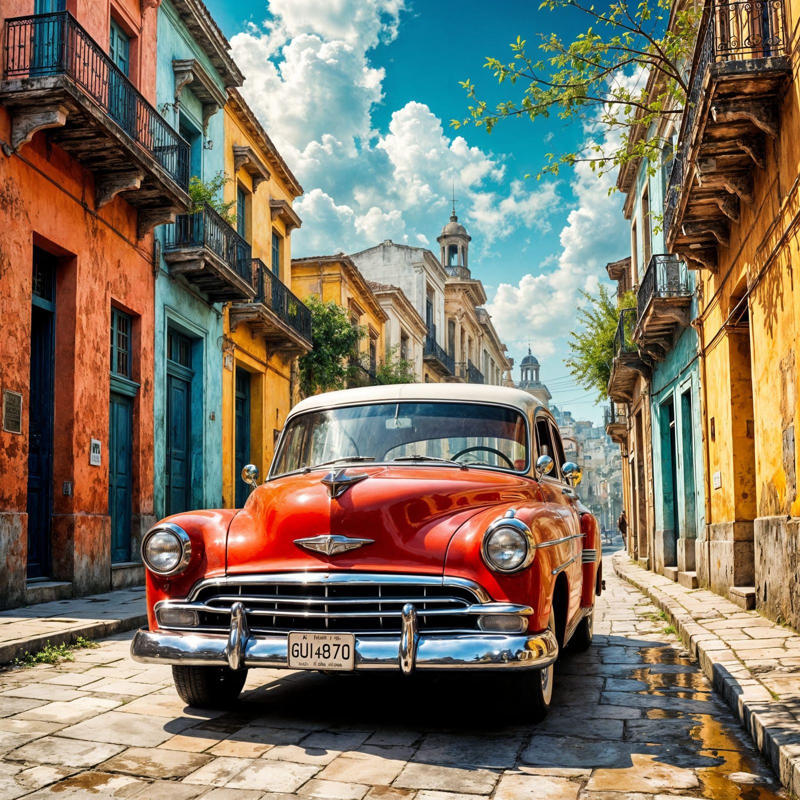 Une voiture américaine des années 1950, rouge vif, garée dans une rue de Cuba bordée de maisons aux couleurs vives et ba...