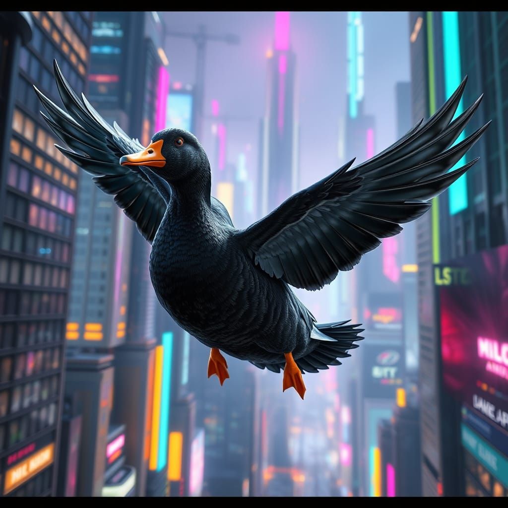 Black Duck Soaring Through Cyberpunk Cityscape