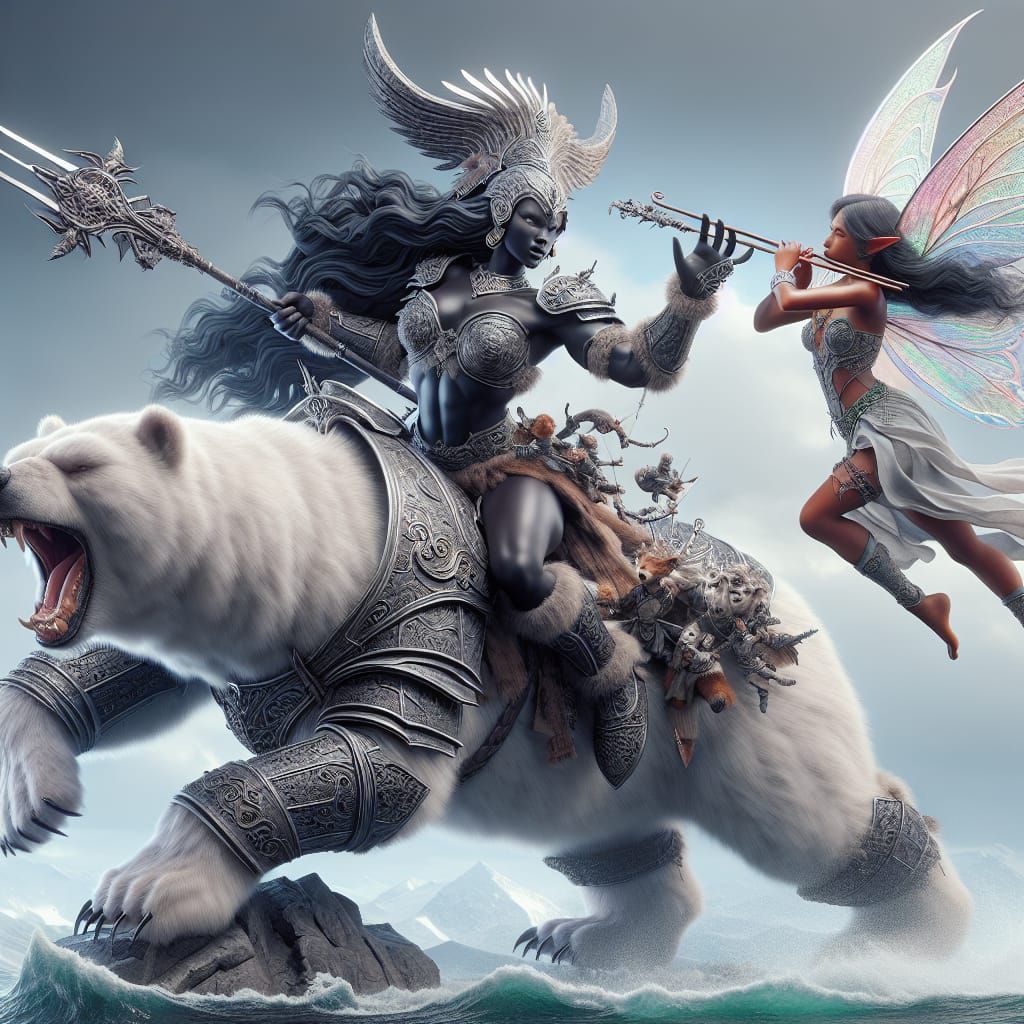 Epic Black Female Barbarian on Polar Bear with Fairy