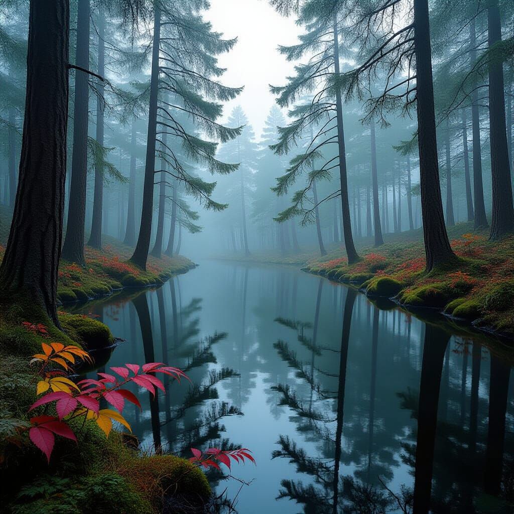 Misty Forest Lake Reflecting Autumn Trees