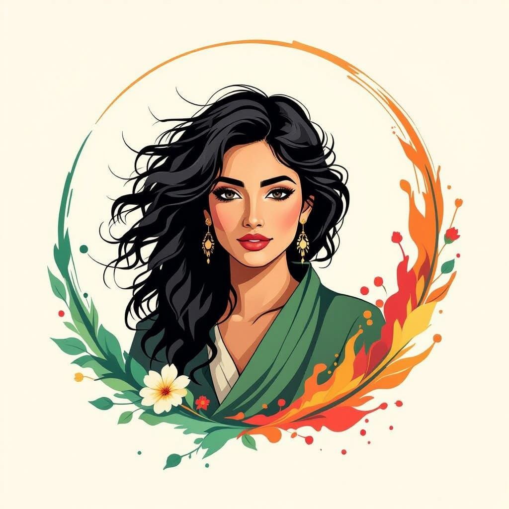 Palestinian Woman in Traditional Clothing with Vibrant Flora...