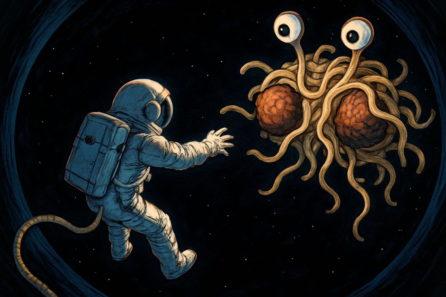 Astronaut Reaches for Spaghetti in Abyssal Darkness