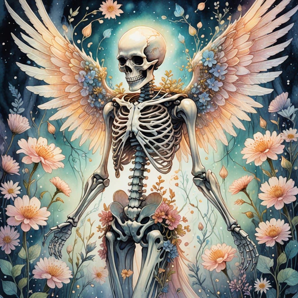 Winged Skeleton in Ethereal Bioluminescent Garden