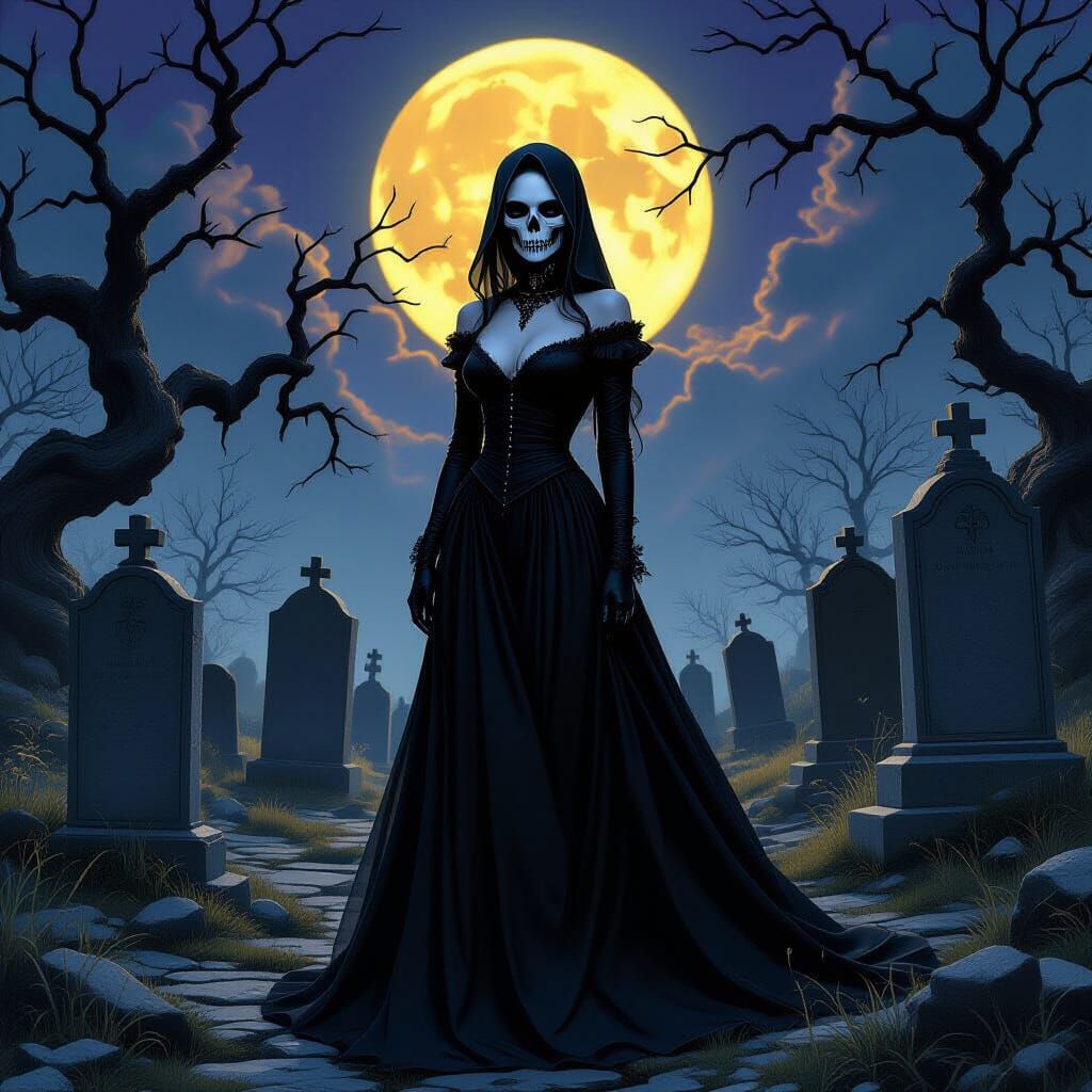 Gothic Beauty in Graveyard with Skull Mask