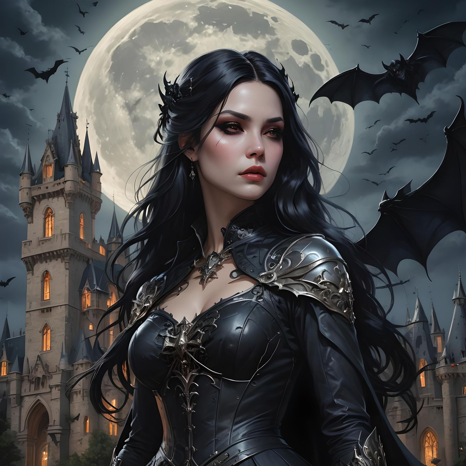 Gothic Woman Portrait with Castle, Digital Art