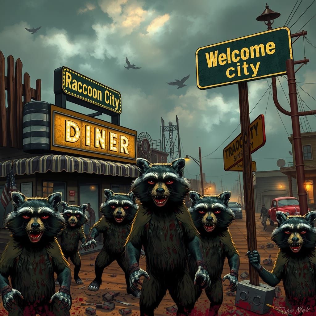 Raccoon-Zombie Apocalypse in Comic Book Style