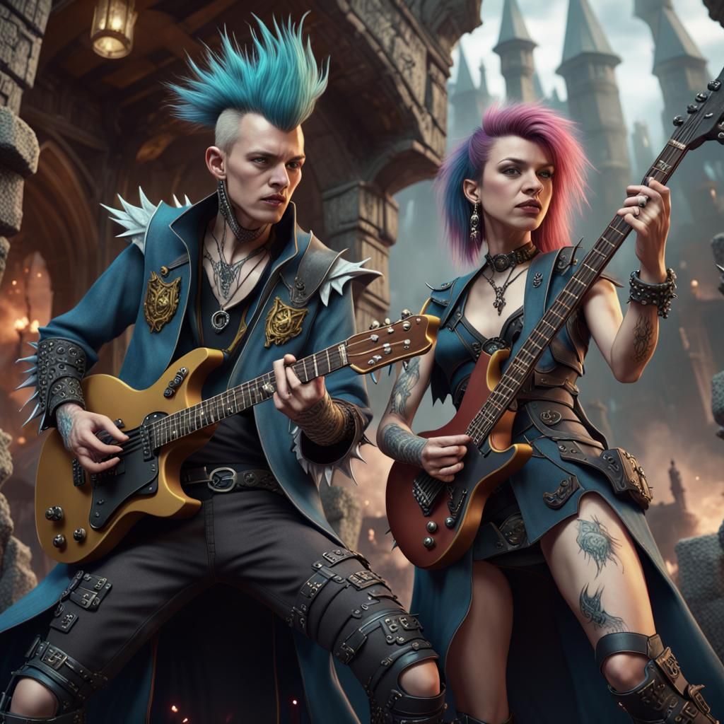 Punk Rock Wizards Play Guitar: Detailed Digital Art