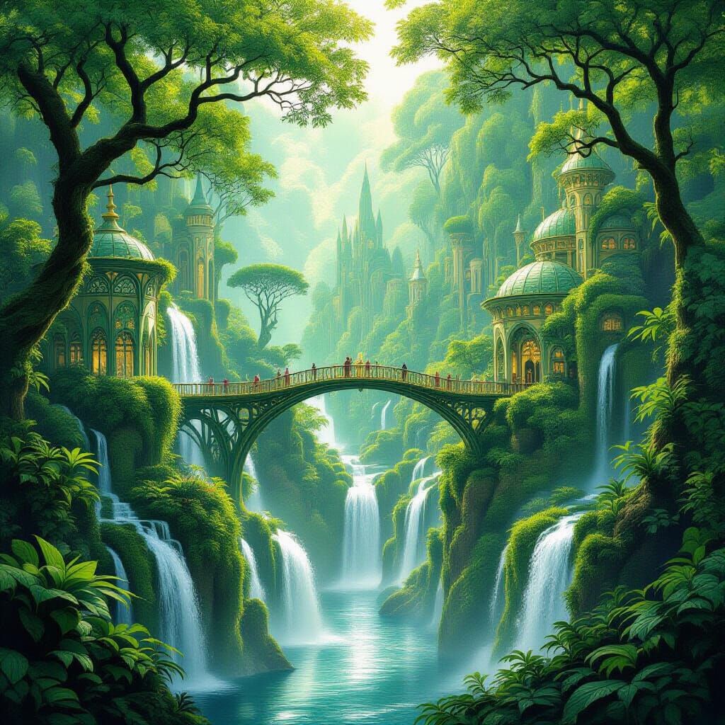 Art Nouveau Elven City Amidst Waterfalls