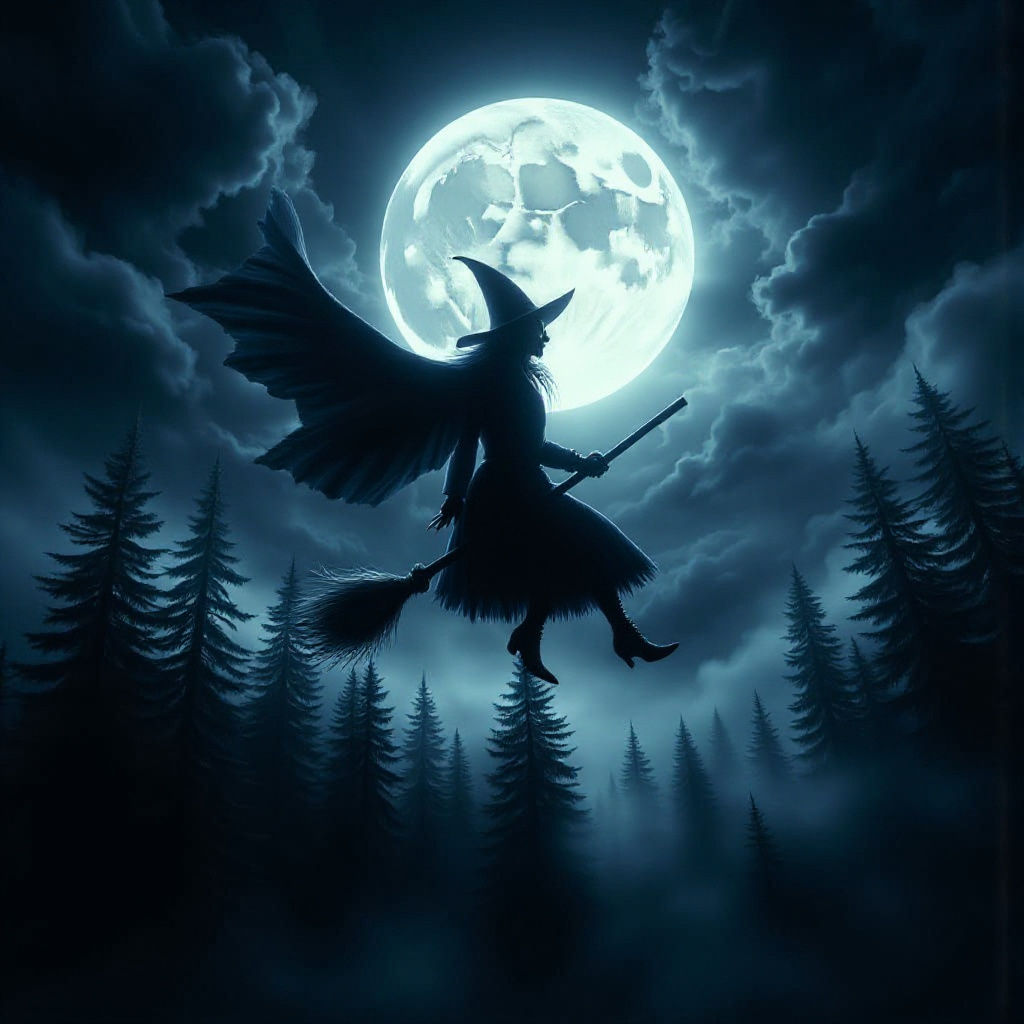Witch Flying on Broomstick Under Full Moon