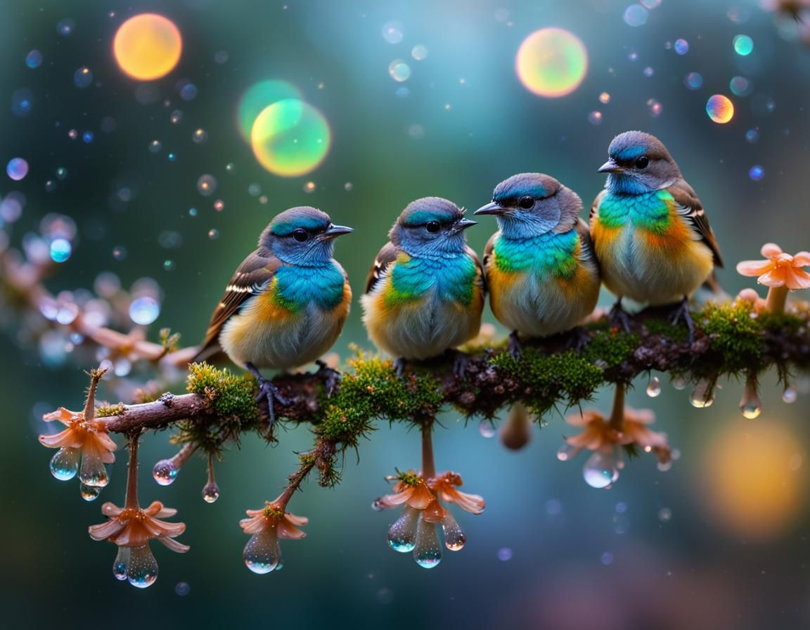 Detailed Birds on Window with Rainbow Dew