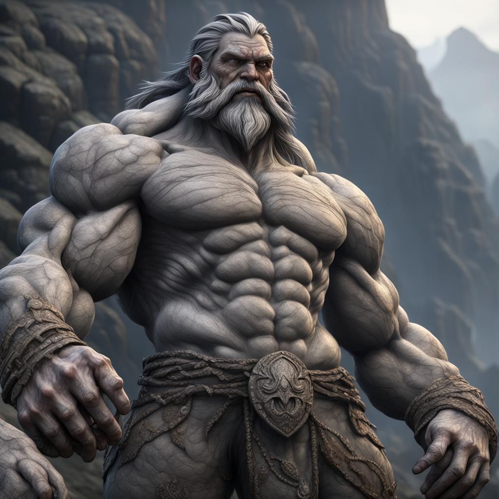 Muscular Stone Giant in Mountain Landscape: 8K Digital Art