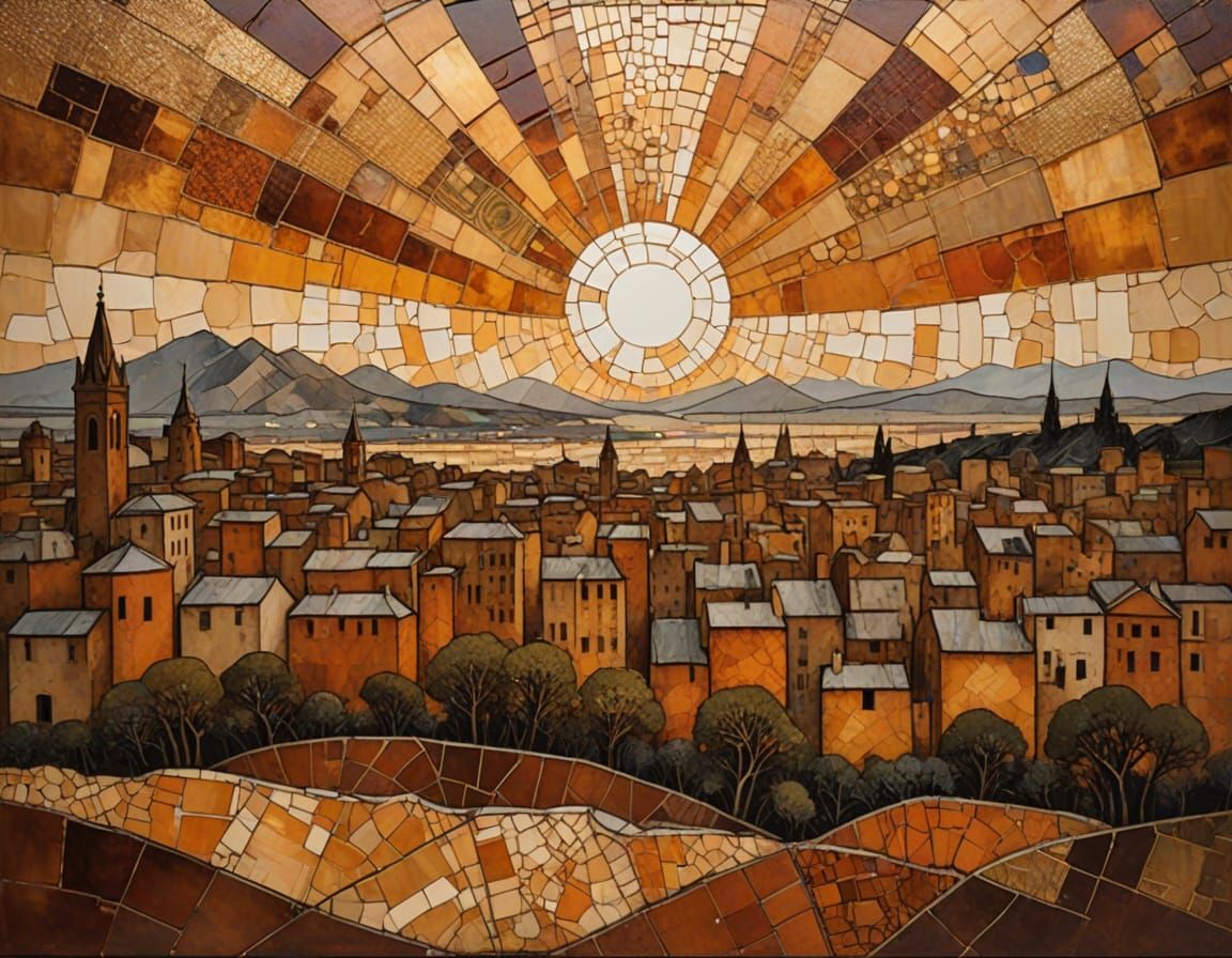 Kintsugi Mosaic Cityscape in Encaustic Impasto Style