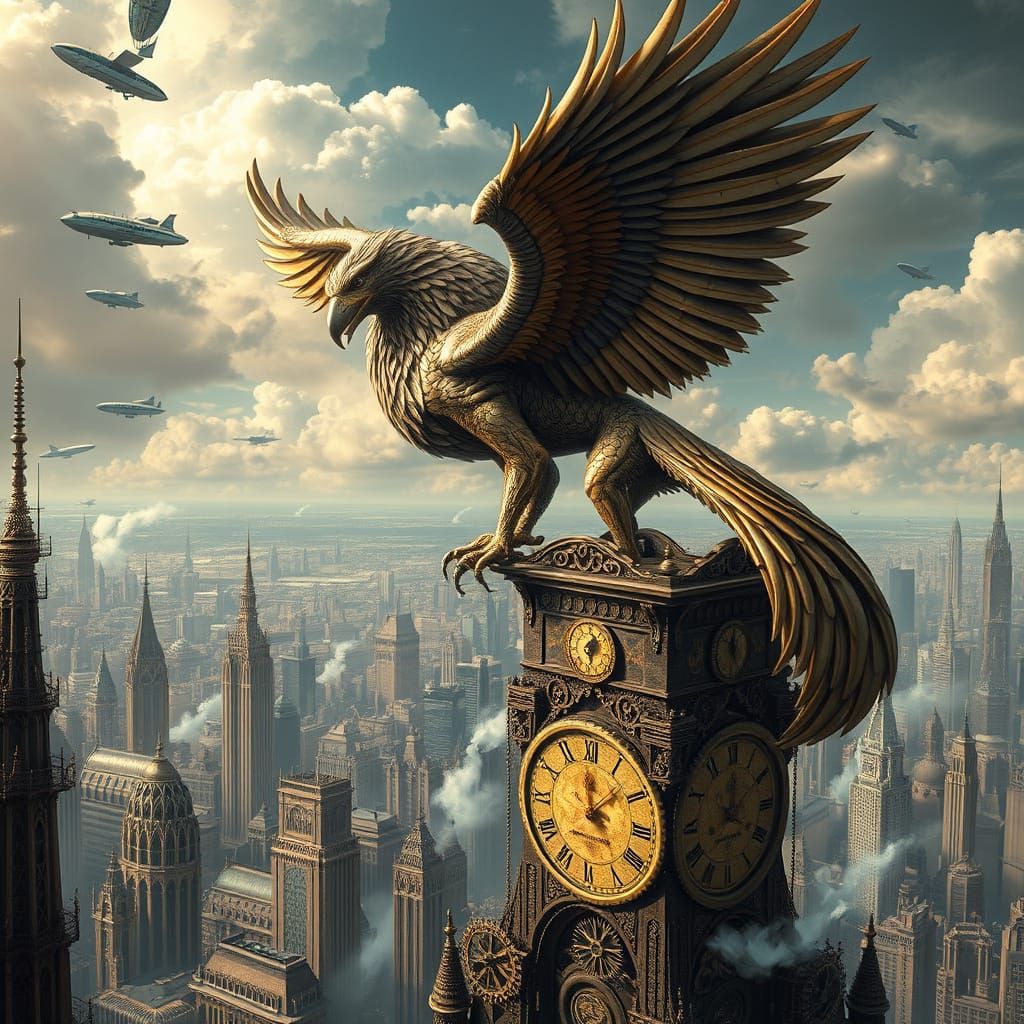 Majestic Griffin Overlooks Steampunk Metropolis in Art Nouve...