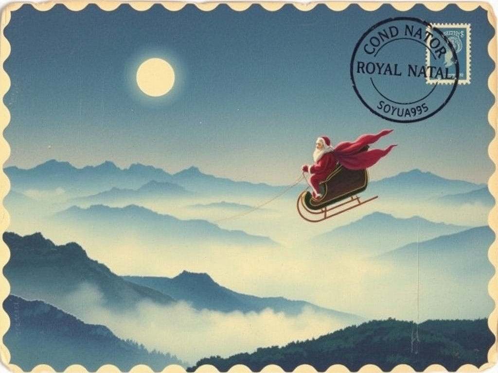 Vintage Postcard: Santa over Drakensberg Mountains