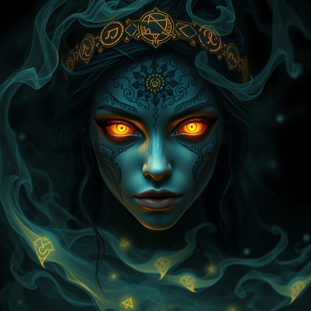 Mystical Gypsy Goddess in Dreamlike, Neon-Lit Darkness