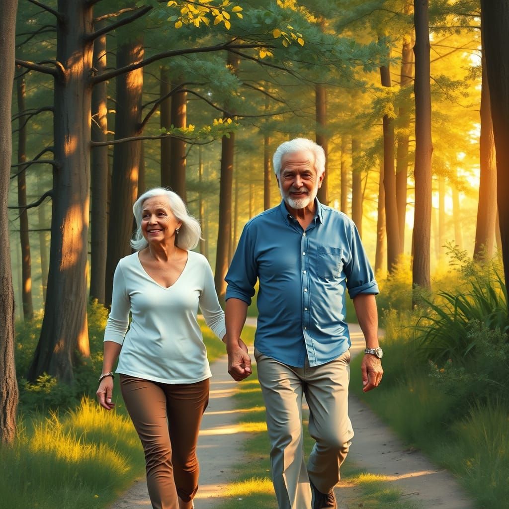 Peaceful Elderly Couple Walking in a Sunny Forest