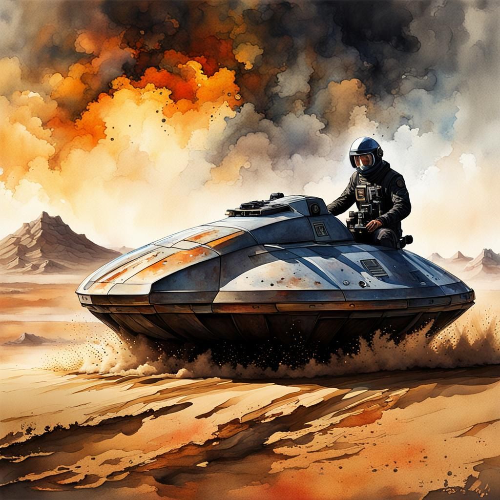 Sci-Fi Hovercraft Motorcycle in Desert Watercolor