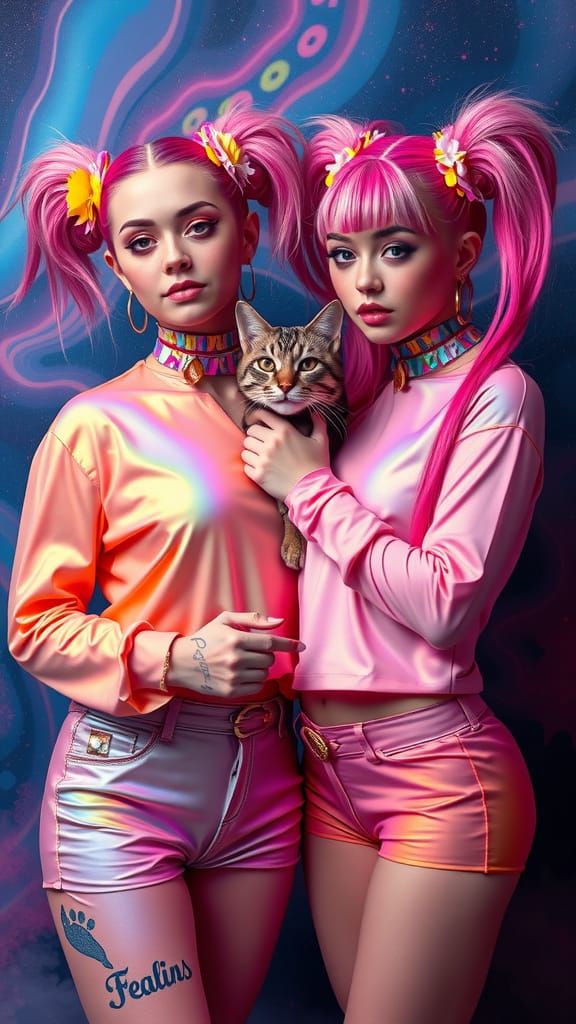 Gemini Twins and Doja Cat in Psychedelic Airbrush Art