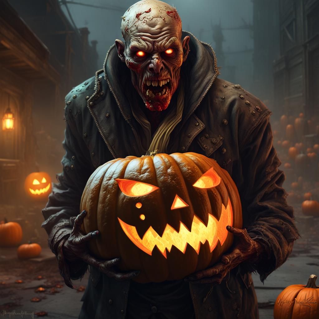Zombie with Killer Pumpkin Head in Dark Fantasy Style