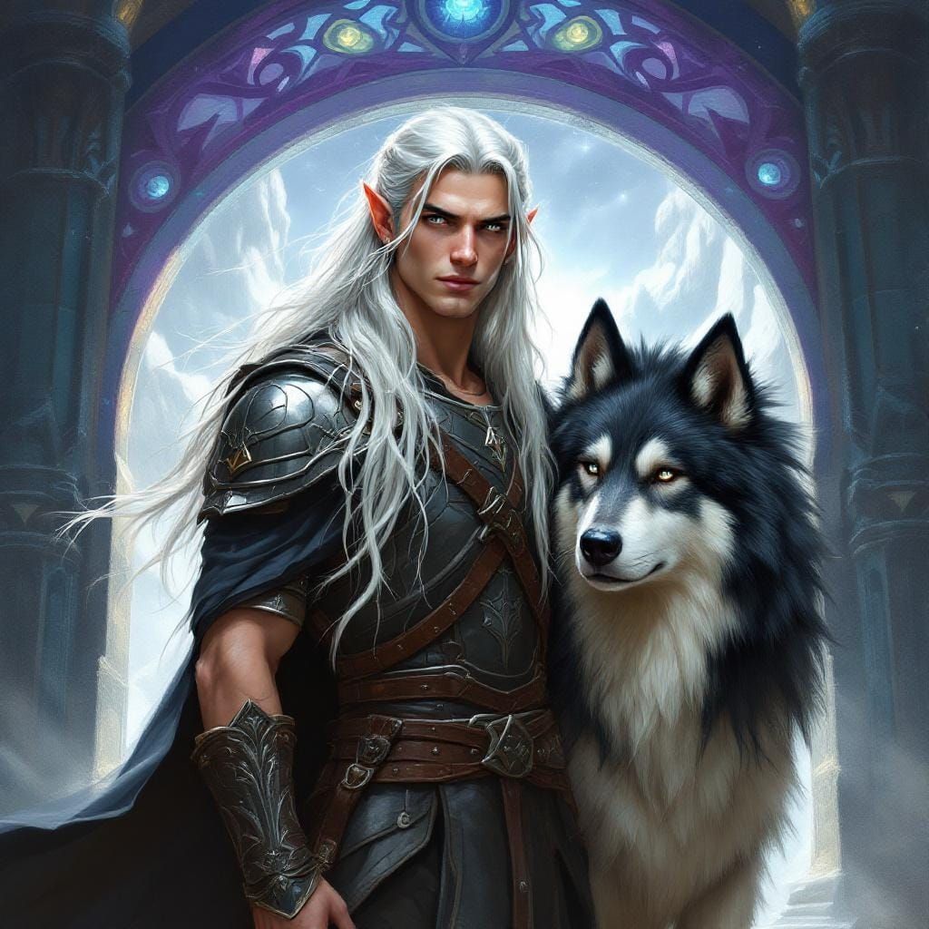 Elven Warrior and Dire Wolf Guarding Portal