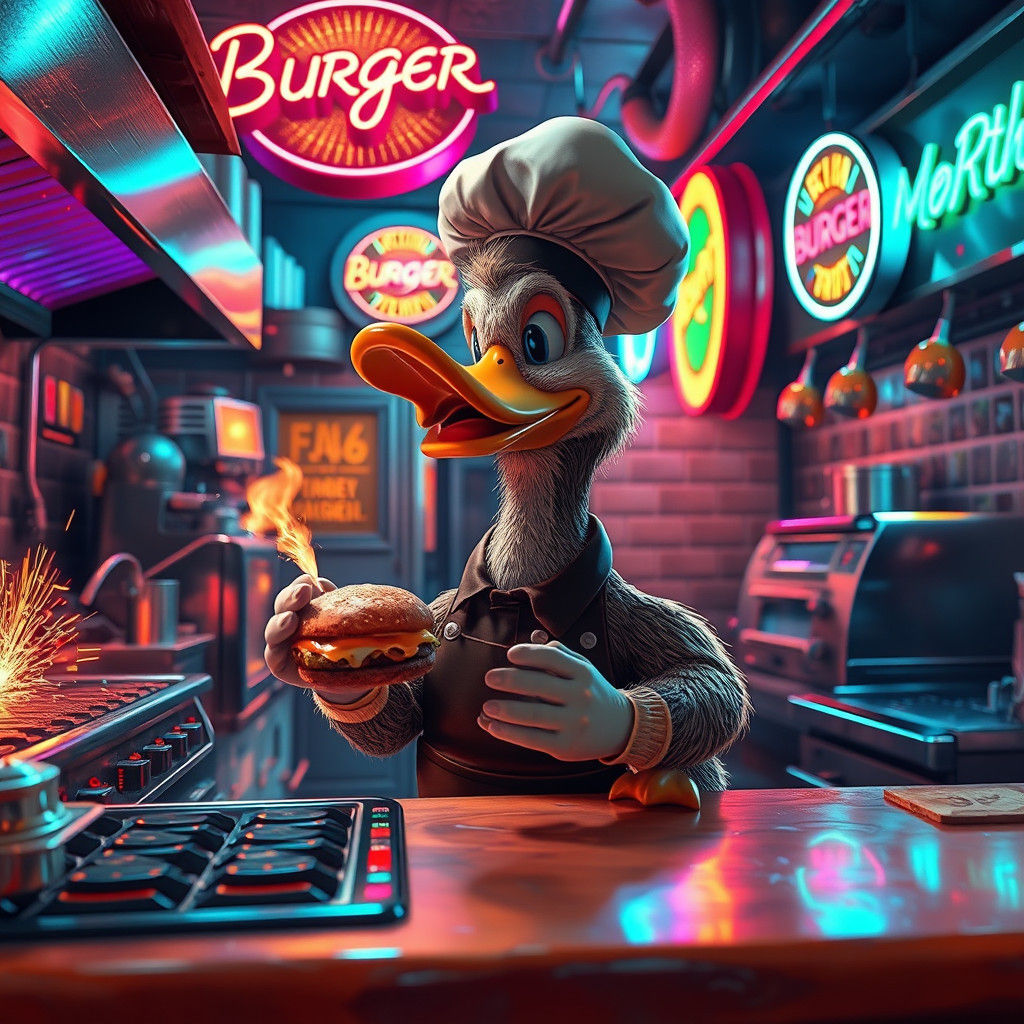 Duck Chef in Whimsical Burger Joint