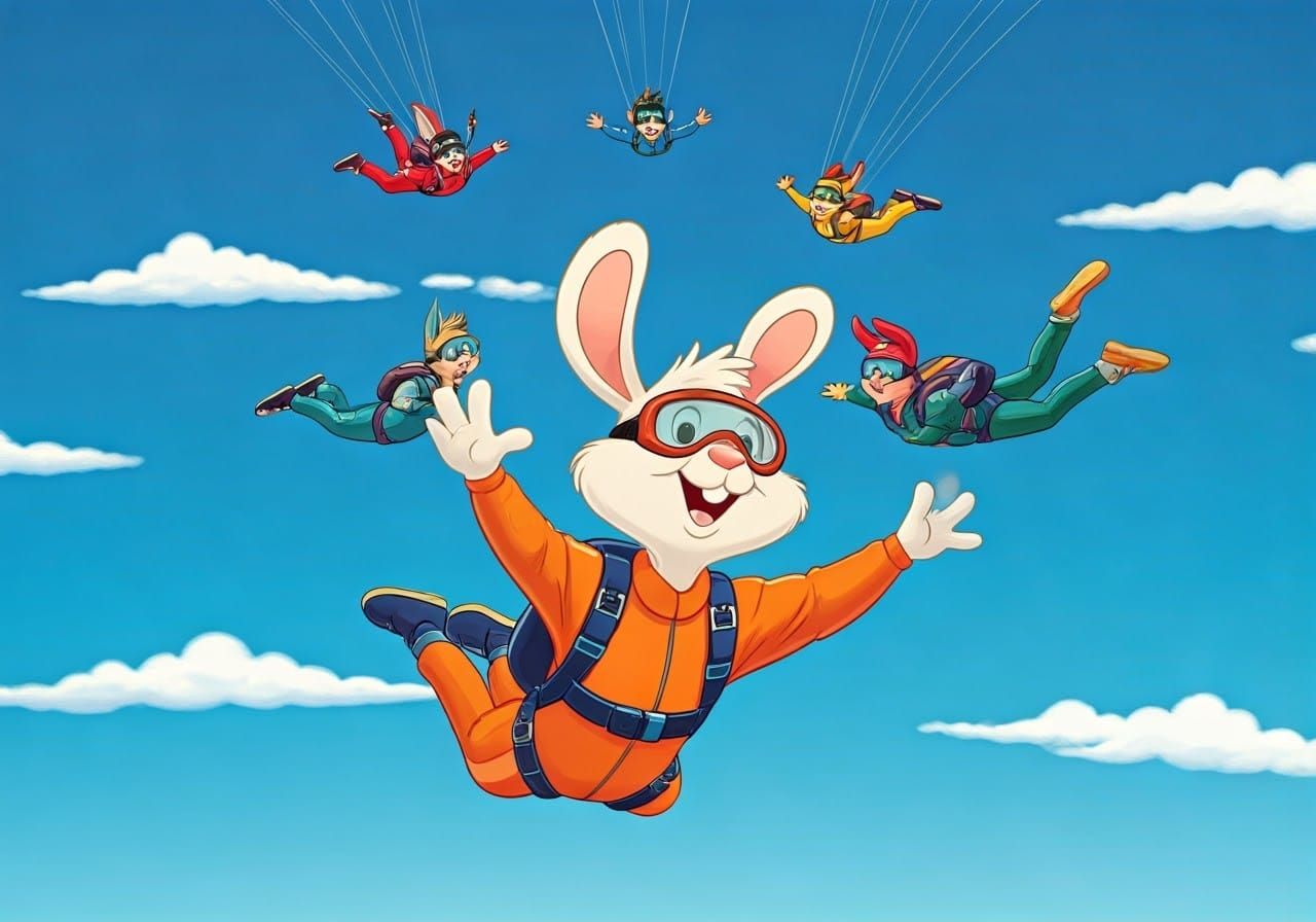 Cartoon Rabbits Skydiving in Classic Animation Style