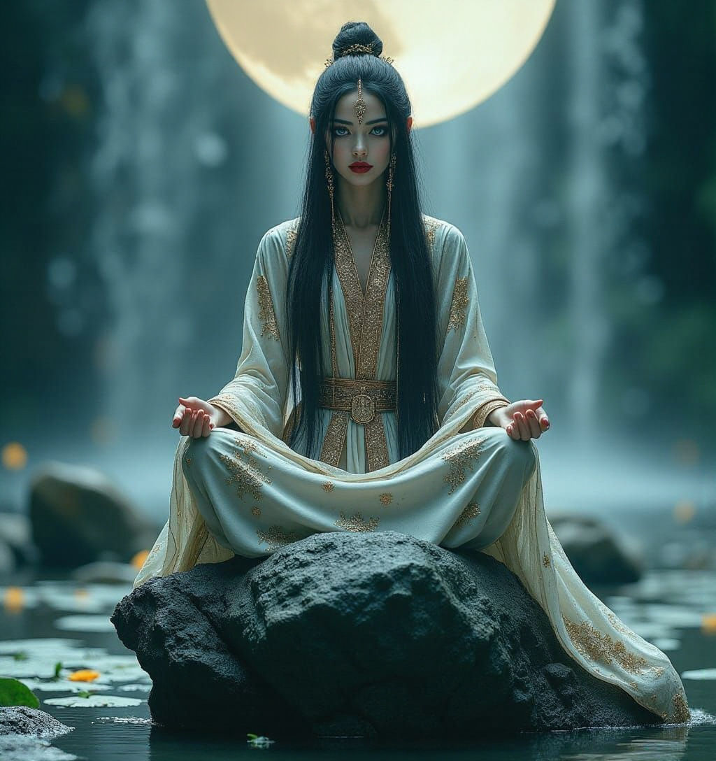 Serene Asian Woman Meditating in Misty Waterfall