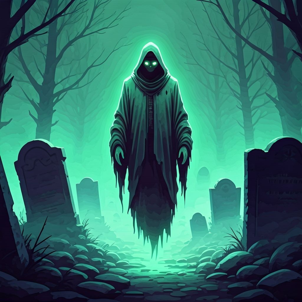 Benevolent Ghost in Misty Graveyard, Cel-Shaded Style