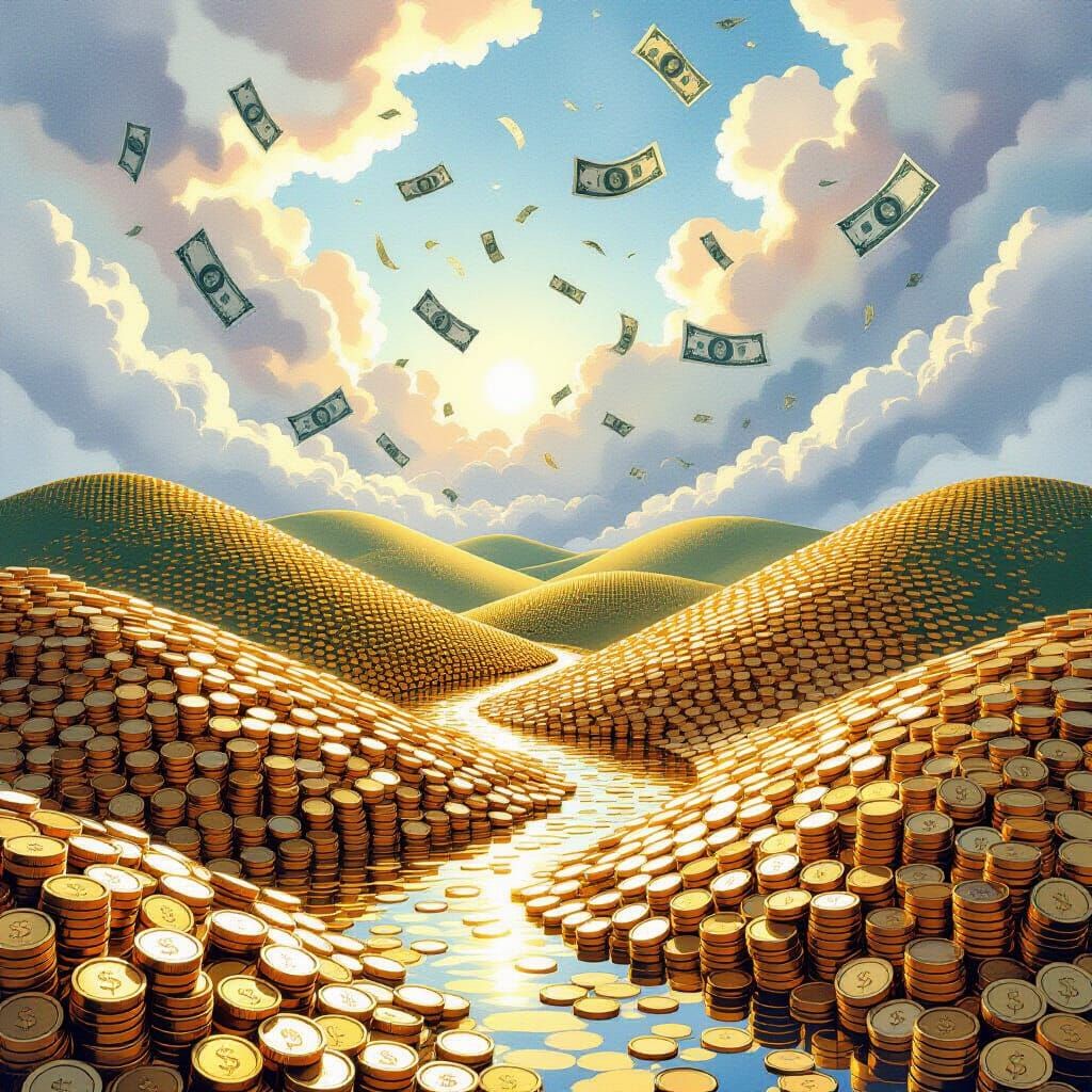 Surreal Coin Hills with Gold River and Banknote Sky