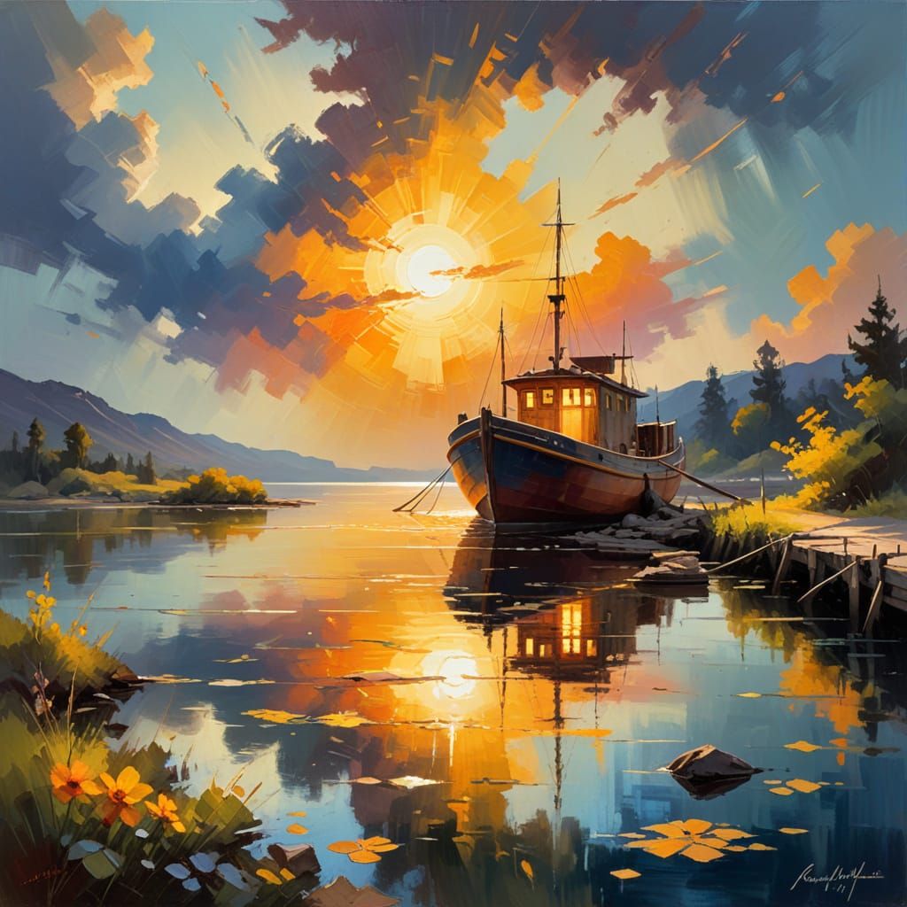 Abstract Artwork of Old Boat at Dock Illuminated by Vibrant ...