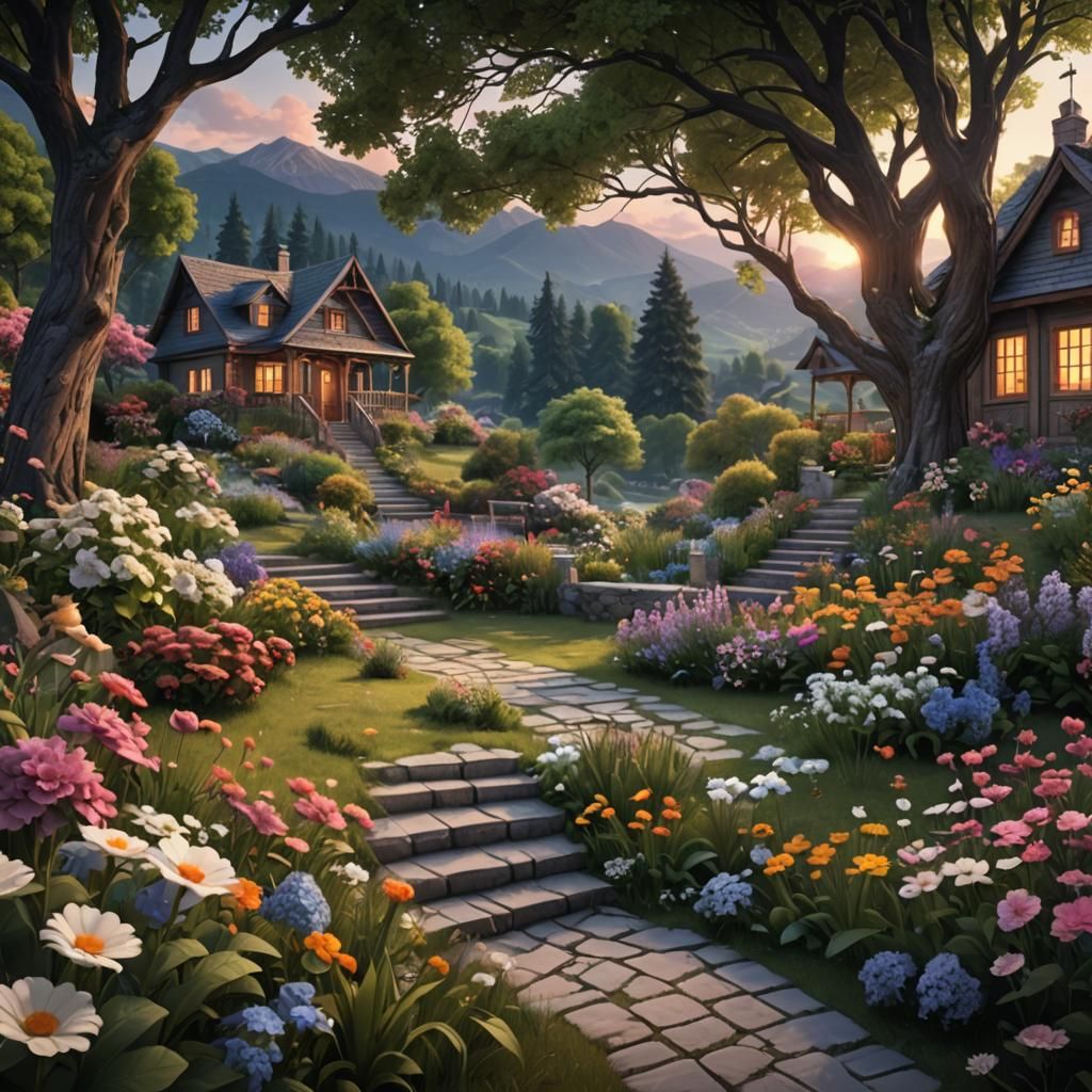 Picturesque Garden with Distant River in Fantasy Art