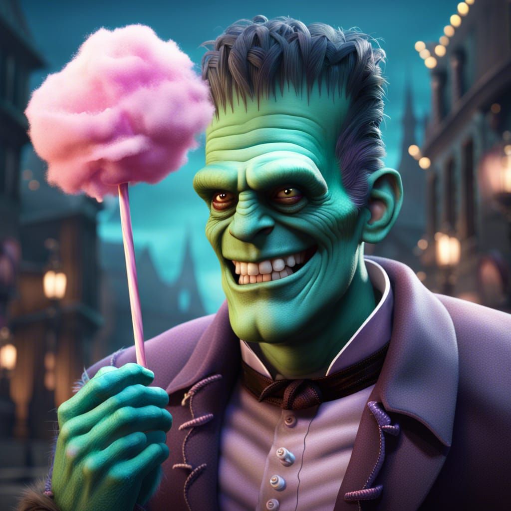 Frankenstein's Monster Enjoys Cotton Candy