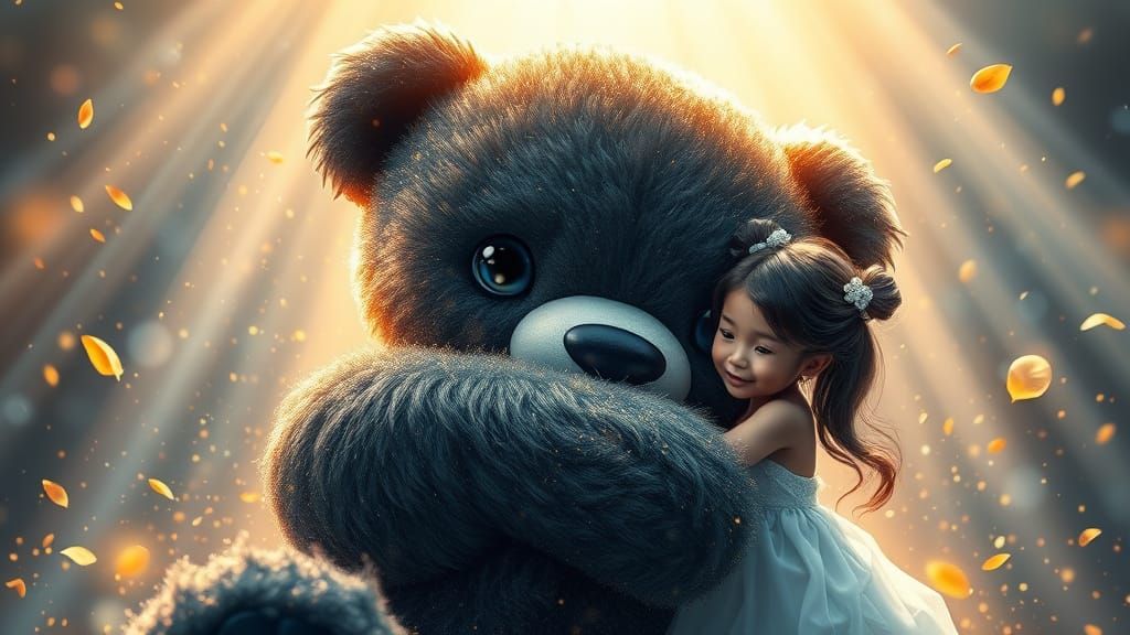 Girl Hugs Giant Crystalline Teddy Bear in Cosmic Glow