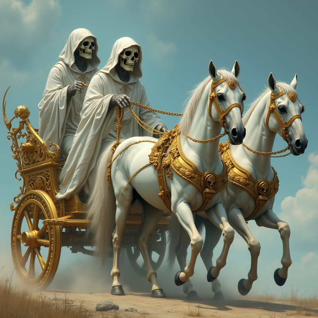 A skeletal figure rides in a chariot pulled by white horses.