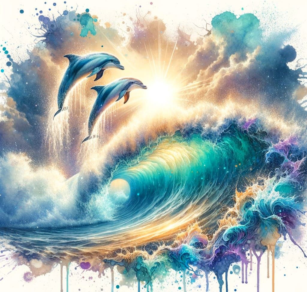 Dolphins Surfing a Wave in Watercolour Style