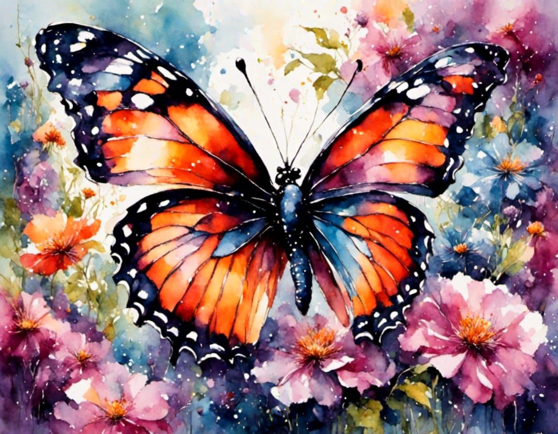 Butterfly on Flower in Watercolor Style