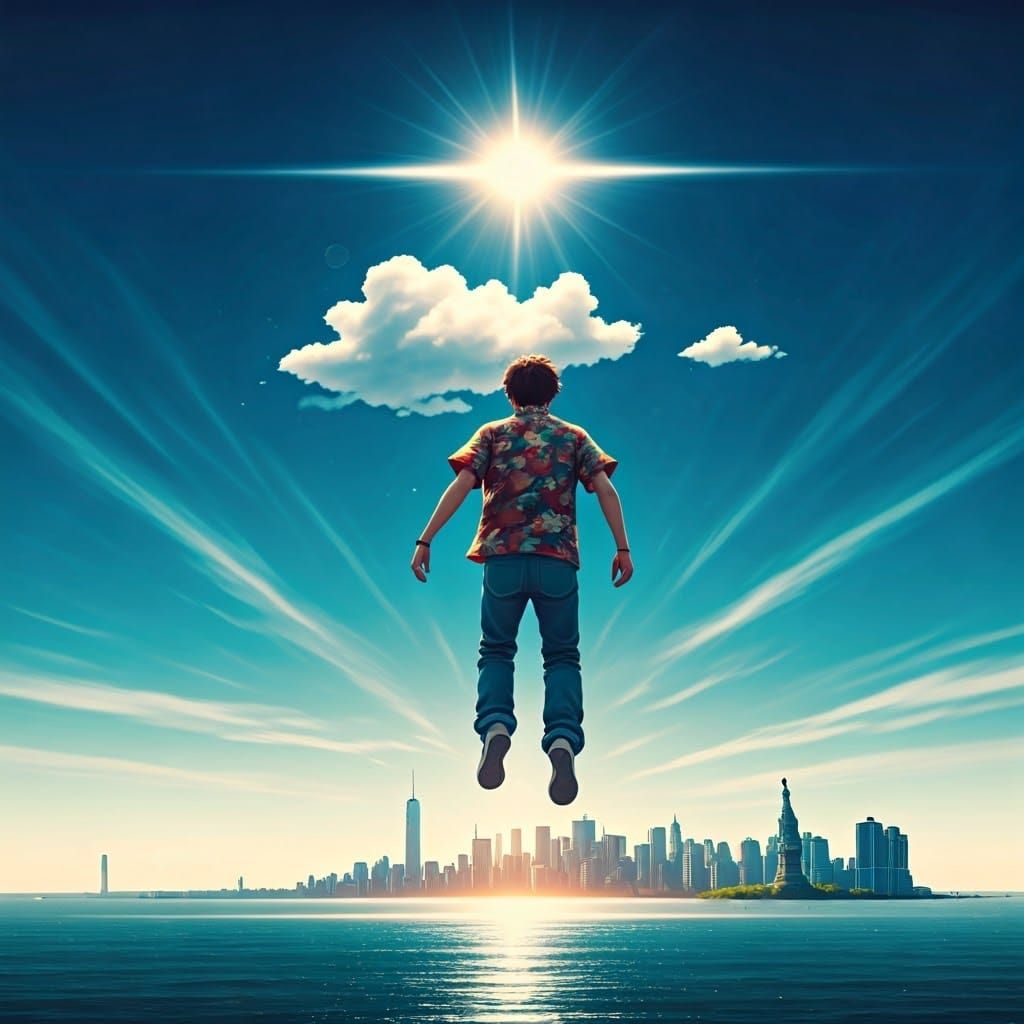 Youthful Figure Levitating Over New York City