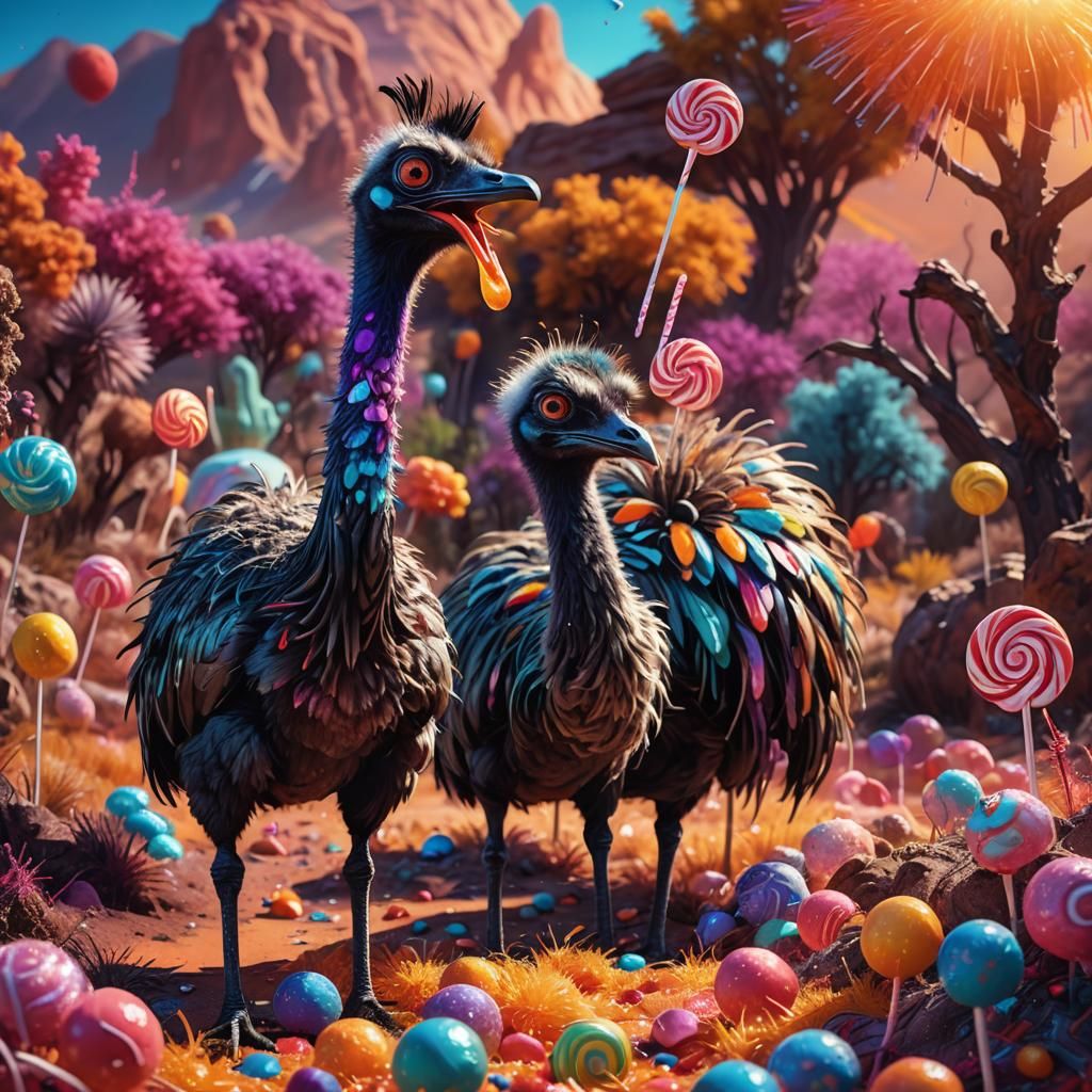 Emu Eats Candy: A Vibrant Fantasy Landscape