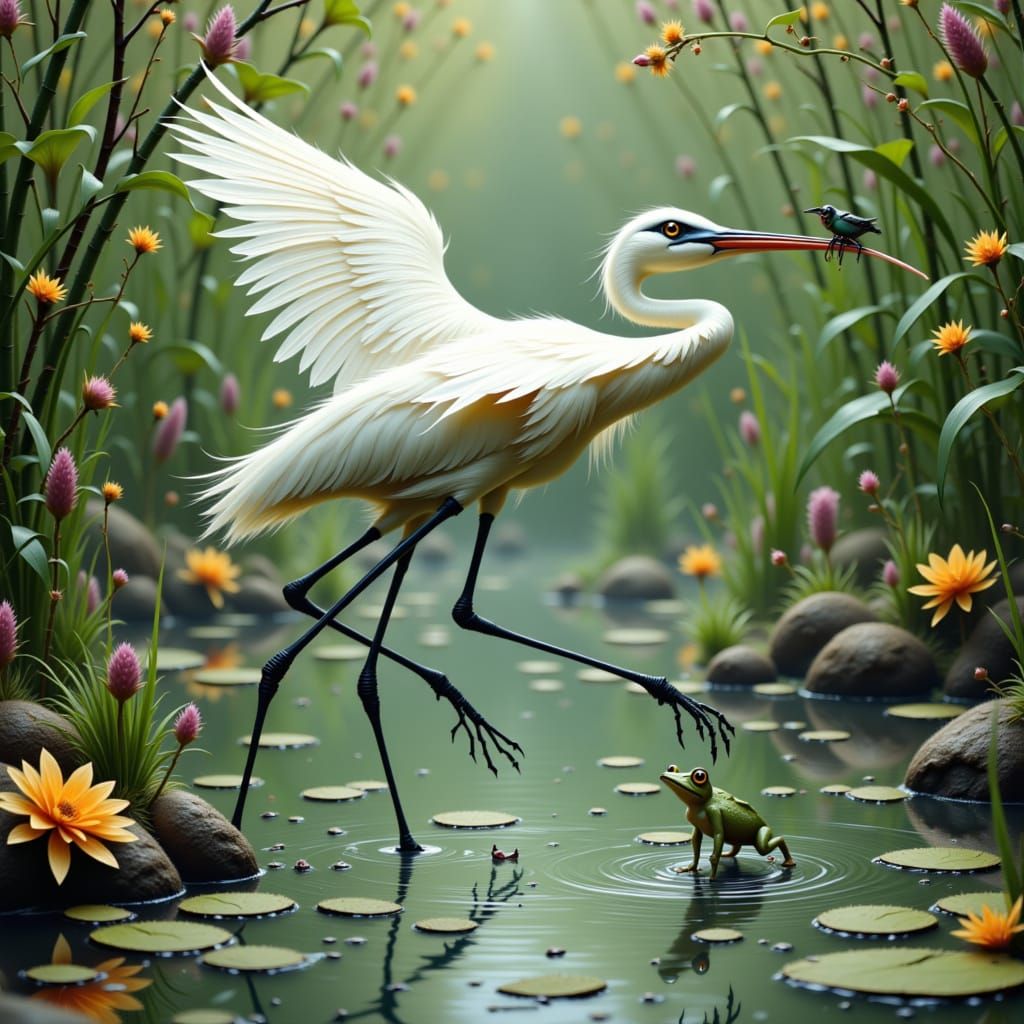 Crane Captures Fly in Vibrant Wetland, Impressionistic Style