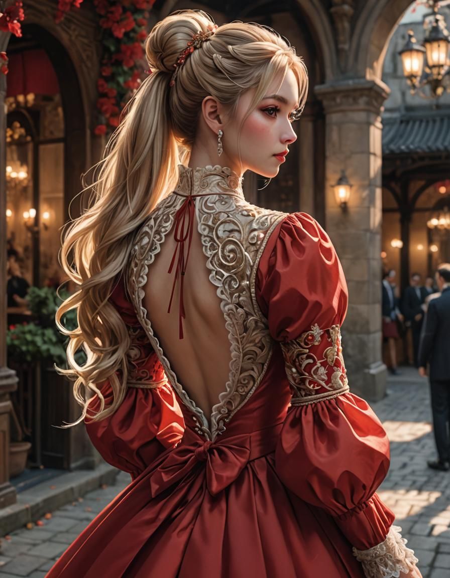 Blonde Woman in Backless Red Dress